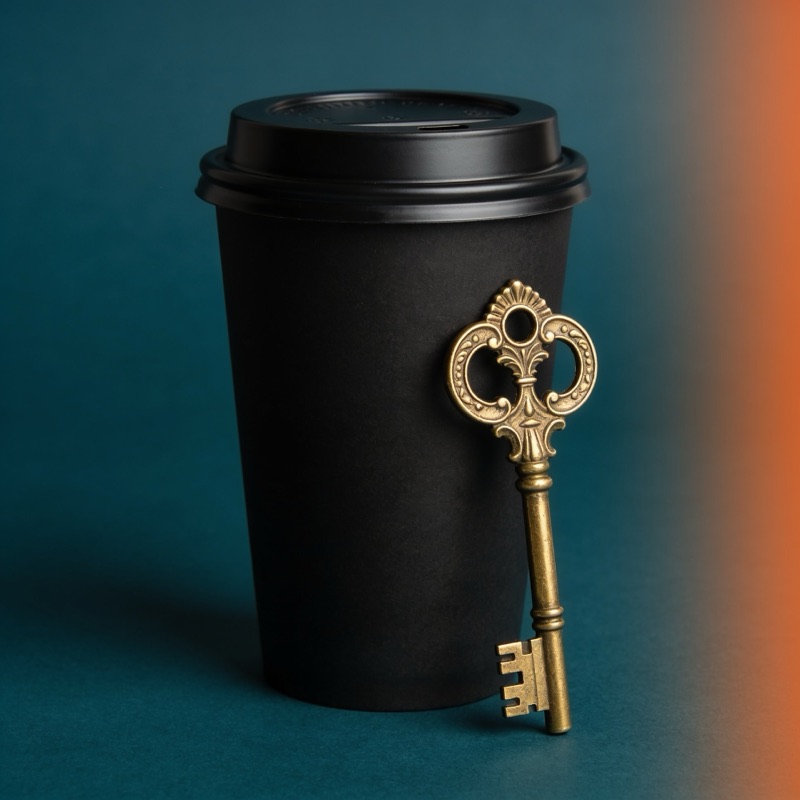 Happy Monday bei Escapegame Nürnberg – schwarzer Kaffeebecher mit goldenem Schlüssel