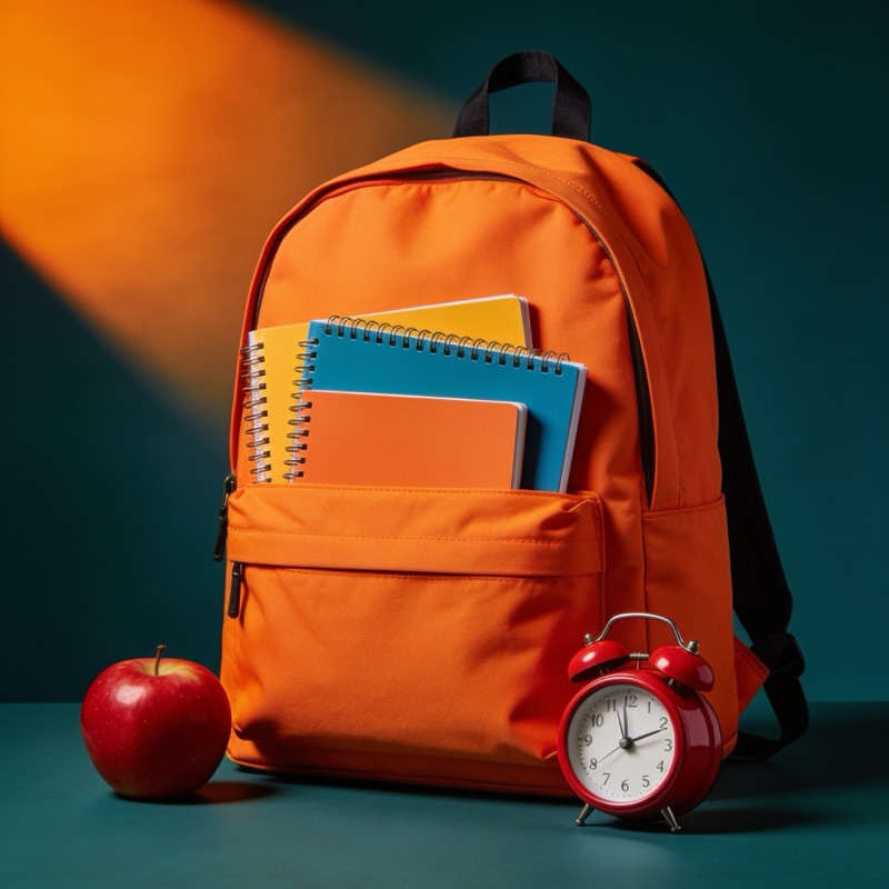 Studenten-Mittwoch – oranger Rucksack mit Heften, Wecker und Apfel